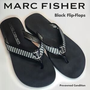 Marc Fisher Black Flip-Flops Sandals, Sailor, Rhinestone, Striped Straps, Size 9